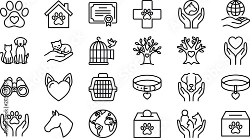 Canvas Print Pet care and animal welfare line icon set featuring adoption, veterinary service