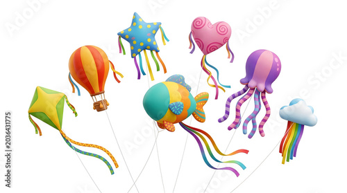 Colorful paper craft kites collection with ribbons, handmade flying kites in bright colors isolated on white background