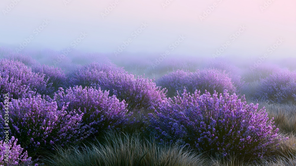Fototapeta premium Purple flowering shrubs glowing softly in morning mist