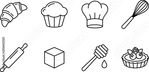 Bakery and pastry line icon set featuring croissant, cupcake, chef tools, honey, and dessert baking symbols