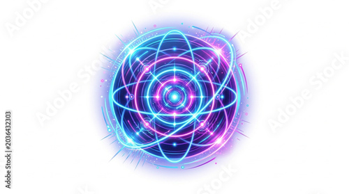 Abstract glowing energy sphere with orbiting lines.