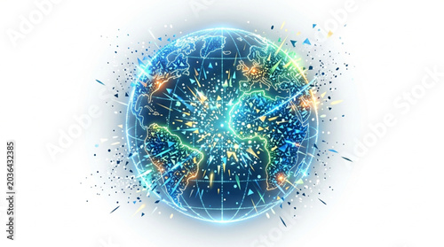Photography Abstract glowing energy sphere with particles bursting outwards.