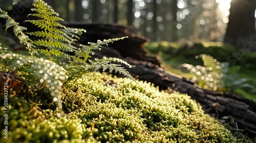 Sunlight filters through forest canopy illuminating moss and ferns on forest floor.