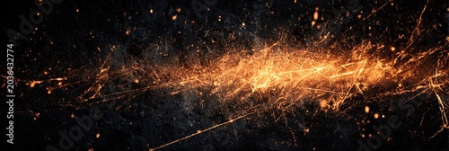 Fiery orange sparks and glowing light trails bursting across a dark textured metallic surface with dramatic energy creating an abstract industrial banner design