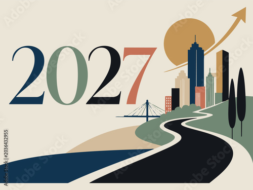 New year 2027 future path and city skyscrapers illustration showing a long road leading towards modern office buildings under the sun