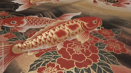 Traditional Japanese Koi Fish and Peony Flower Art.