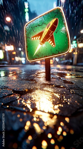 Cyberpunk Rocket Launch Sign in Rainy City Night - Startup Business Growth Concept
