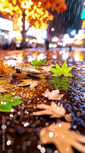 Futuristic Sci-Fi Spaceship on Rainy Autumn Street with Glowing City Lights
