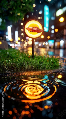 Vibrant Neon Rocket Sign Reflected in Puddle on Rainy Cyberpunk City Night