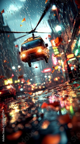 Futuristic Flying Bus Taxi in Rainy Cyberpunk City with Neon Lights and Bokeh