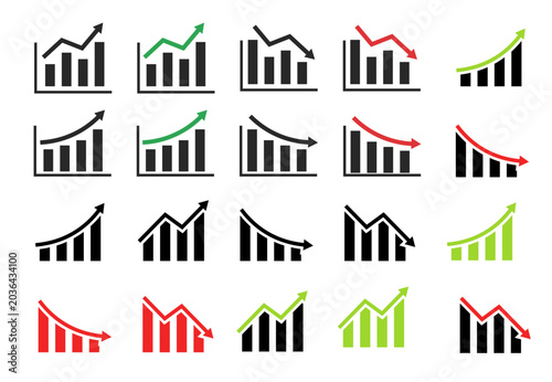 Business Growth and Decline Chart Icon Set with Bar Graph Arrows