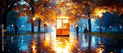 Autumn Rain Evening in City Park with Glowing Kiosk Reflections
