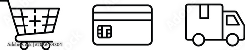 Photography Ecommerce and online shopping line icon set featuring cart, payment card, and fa