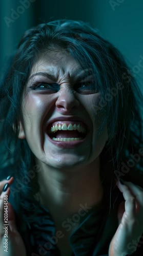crazy female character portrait, insane woman with wild expression, madwoman screaming in horror style