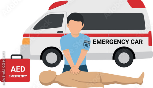 Obraz na plátně CPR Emergency Response Illustration Showing First Aid Procedure with AED, Parame