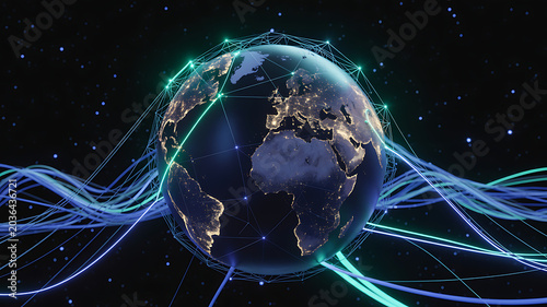 Global Network Connection: 3D Earth with Glowing Data Lines and Plexus