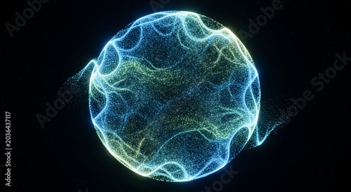 Abstract blue and green particle sphere glows with digital energy in dark space.