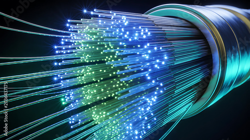 Fiber Optic Cable with Glowing Blue and Green Light for High-Speed Data Transmission