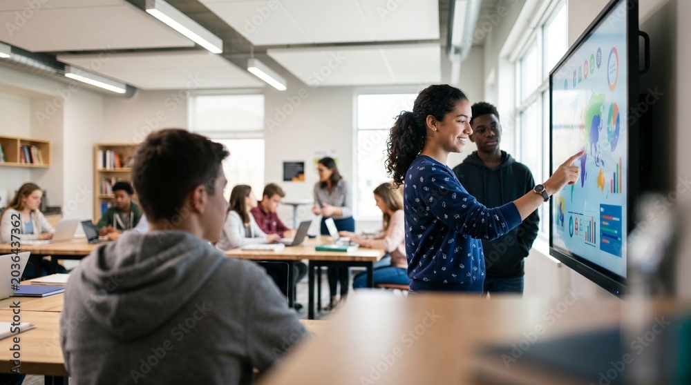Fototapeta premium Students interact with a large touch screen displaying data in a modern classroom.