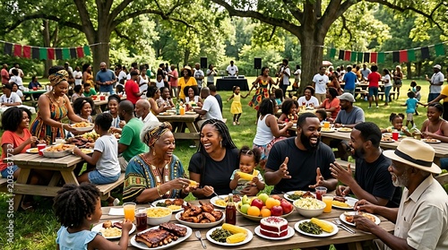 Joyful outdoor community gathering with diverse families sharing a meal at picnic tables adorned with festive decorations