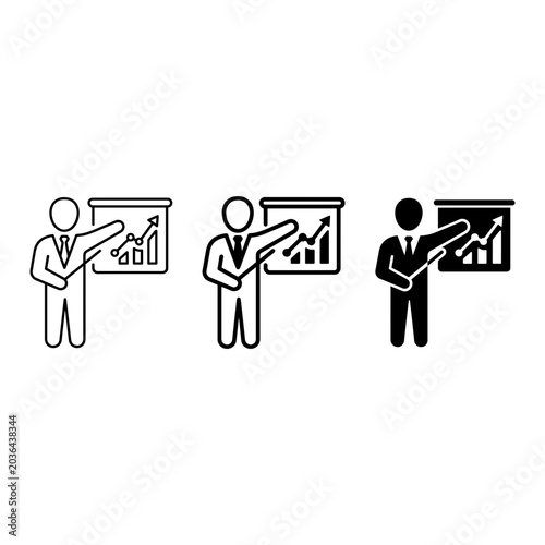 Businessman pointing at graph icon set, outline, solid, silhouette, white background, vector Illustration