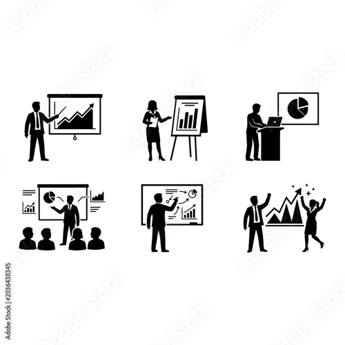 Business Presentation icon set, silhouette style, white background