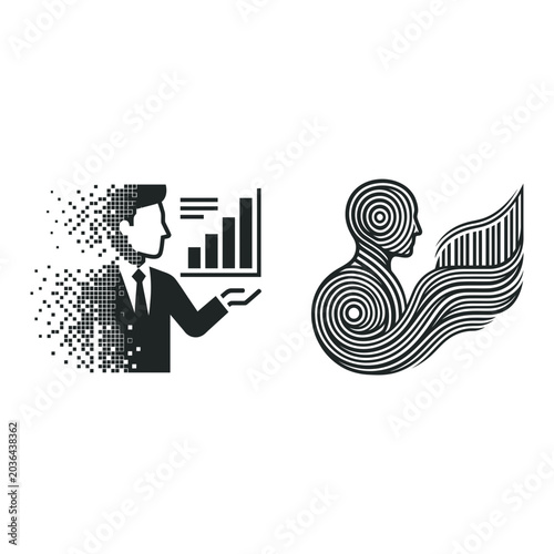 Businessman and data analysis icon set, black line and solid style, white background