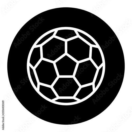 Soccer ball icon, white outline on black circle, white background, vector Illustration