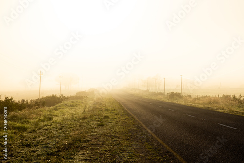 fog covered highway at sunrise, Stanford, South Africa