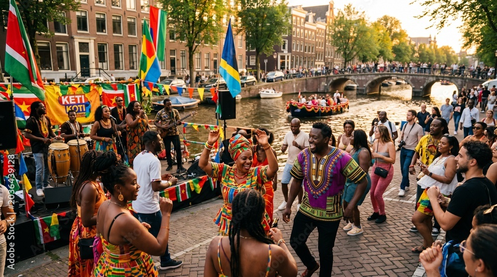 Obraz premium People in vibrant traditional attire dancing and celebrating Keti Koti by a canal in Amsterdam with flags and live music
