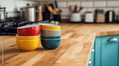 Colorful bowls stacked on a wooden kitchen counter.  A variety of colors are displayed