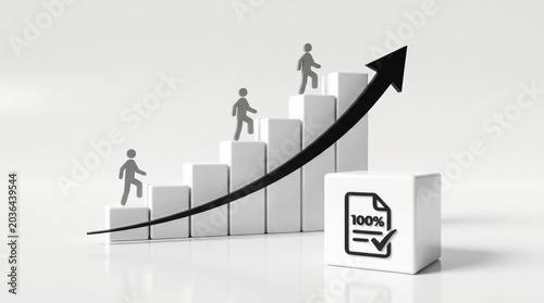 Strategic business growth concept Figures climb an ascending bar chart with upward arrow and 100% quality symbol, signifying continuous development and ultimate success