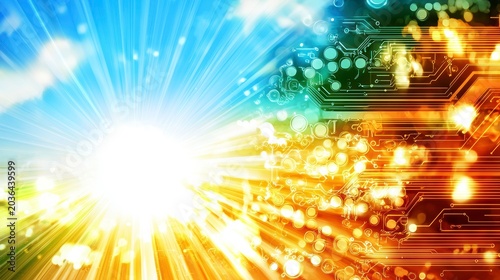 Digital Circuit Board with Vibrant Sunburst: Technology & Innovation Background