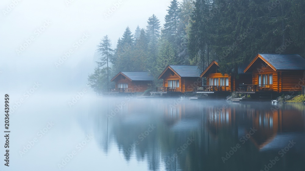 Fototapeta premium Misty lakefront cabins