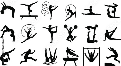 Foto Gymnastics and Fitness Silhouette Collection Featuring Acrobat Cheerleader Yoga