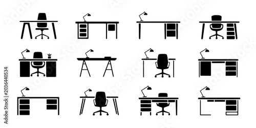 Desks Office Set with Chairs and Lamps in Various Styles and Configurations Featuring Workstations, Furniture, Workspace with Ergonomic and Modern