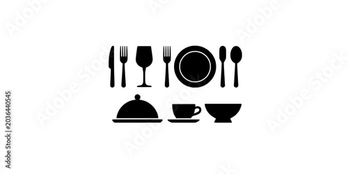 Dining Set with Utensils and Dishes Including a Plate, Bowl, Cup, Fork, Knife, Spoon, and Wine Glass