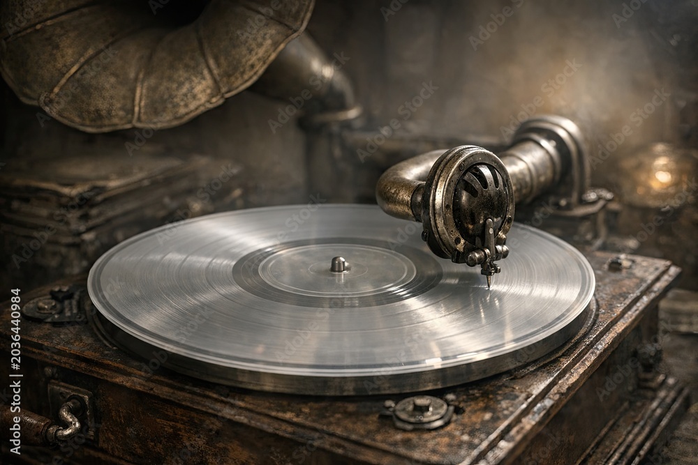 Obraz premium A vinyl record player sits atop a wooden table with a classic design