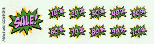 Comic style sale starburst set with green and bursts and purple text on light...