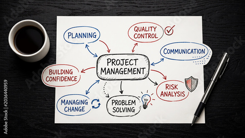 Project Management Planning and Business Communication Concept with Problem Solving Mind Map on Office Desk