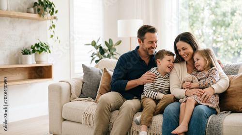 Happy family sitting together on sofa and smiling in living room at home