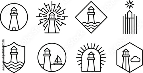 Minimal lighthouse line icon collection featuring nautical beacons, coastal navigation symbols, maritime badges, and ocean safety vectors