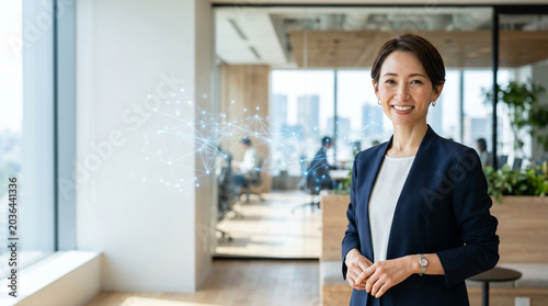 Portrait of smiling businesswoman in modern office with digital interface technology