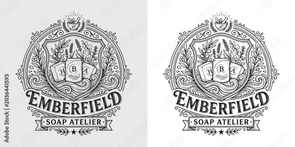 Fototapeta premium Ornamental Badge Logo for Emberfield Soap Atelier with Herbs