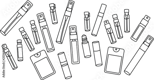 Bild auf Leinwand Set of perfume testers and sample bottles line art vector illustration for cosme