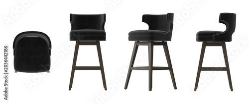 Photography Elegant black velvet swivel bar stool with studded accents and wooden base