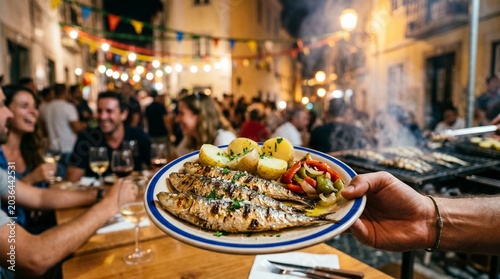 Pessoas a celebrar os Santos Populares enquanto comem sardinhas assadas com batatas cozidas e pimentos assados num típico arraial português.