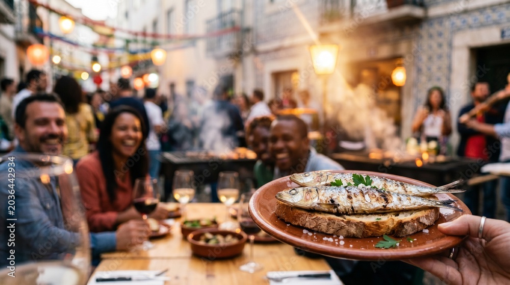 Fototapeta premium Pessoas a celebrar os Santos Populares enquanto comem sardinhas assadas com batatas cozidas e pimentos assados num típico arraial português.