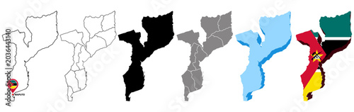 set collections Mozambique map infographic icon. High detailed stylized Mozambique map flag, border, 3D geometric, silhouette. Mozambique map pinned symbol design vector illustration