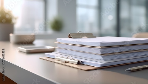A stack of papers on a clipboard sits on a modern office desk with a smartphone and a plant in the blurred background near a window.